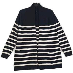 Talbots ~Woman Size L~ Midnight Blue/White Cotton Blend Knit Open Front Cardigan